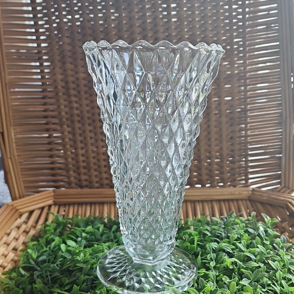 Diamond Point Pressed Glass Vase